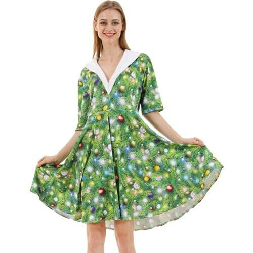 Snailify Sexy V Neck Christmas Dress For Women Green Xmas Tree Printed Costume New Year Party Fancy Dress Female