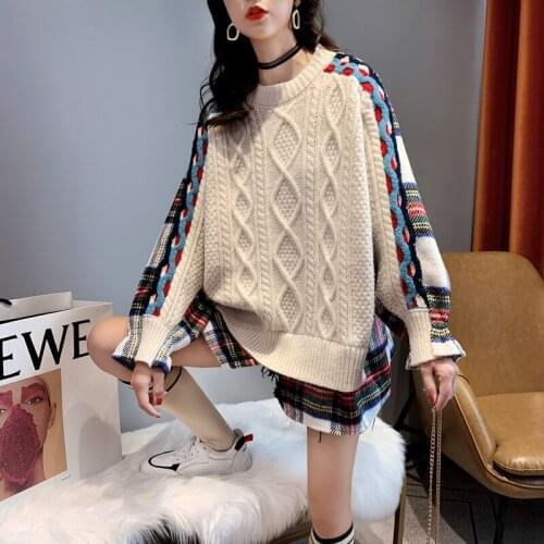 Oversize Pullovers Womens Fake Two Piece Sweaters Fashionable Girls Knit Pullovers Crocheted Patchwork Blue Plaid Sweaters