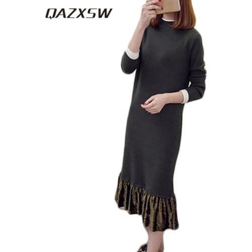 QAZXSW Autumn Winter Knitted Dresses Women Woolen Dress Plus Size O-Neck Patchwork Velvet Long Ladies Party Dress Vestidos HB477