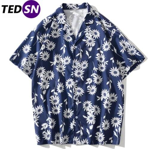 White Flower Print Hip Hop Men Shirts Streetwear Harajuku casual tops 2020 summer hawaii oversize Short sleeve blue