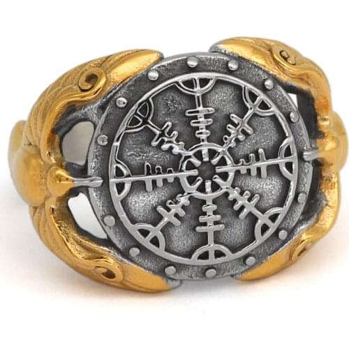 Stainless steel viking raven helm of awe nordic ring viking jerwelry with valkut gift bag