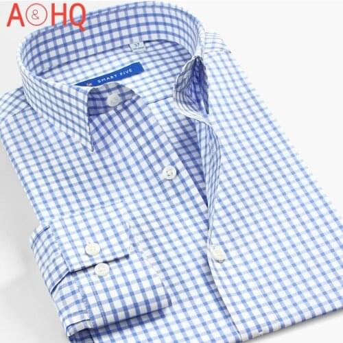 Smart Five Plaid Shirts Men Business Smart Casual Cotton Long Sleeve Mens Shirt Slim Fit Camisa Masculina Big Size 44 45 46