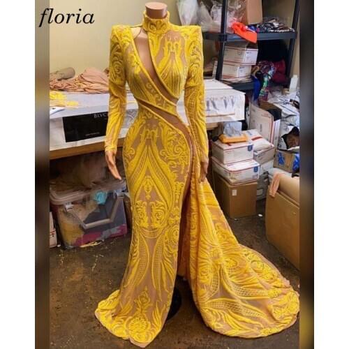Special Gold Lace Prom Dresses Mermaid Long Sleeves Evening Dresses Sexy Cocktail Dresses For Women Arabic Gowns Formelle Robes