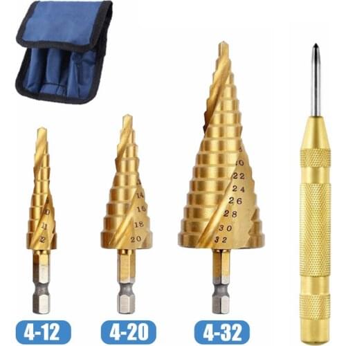 1pcs HSS Coated Step Drill Bit 4-12/20/32mm Spiral Groove Pagoda Bit Power Tools Wood Hole Cutter Step Cone Drill Metalworking