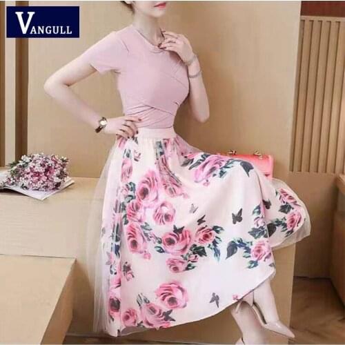 Vangull High Waist Sexy Irregular T Shirt+Mesh Skirts Suits Bowknot Vintage Floral Skirt Sets Elegant Woman Two Piece Set