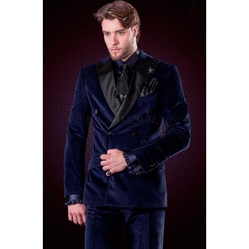 High Quality Double Breasted Dark Blue Velvet Groom Tuxedos Peak Lapel Groomsmen Men Blazers Suits (Jacket+Pants+Tie) NO:397