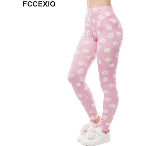 FCCEXIO New Design Women High Waist Workout Legging Rincess Cloud Print Fitness Leggings Fashion Elegant Woman Pink Pants leggin