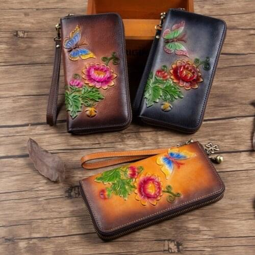 Female Retro Chinese Style Wallet Card Holder 2021 Summer Genuine Leather Embossed Women Phone Purse Cowhide Ladies Clutch Bags