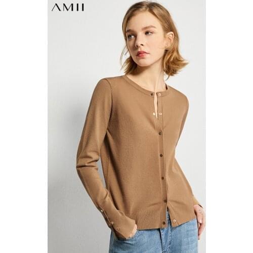 AMII Minimalism Autumn Causal Women Knitted Sweater Solid Oneck Full Sleeve Single-breasted Female Knitted Coat 12040871