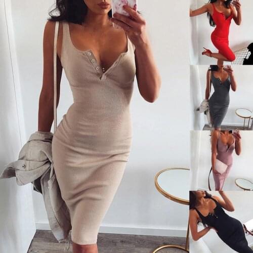 Women Dress U Neck Sling Summer Solid Color Buttons All Match Dress for Daily Wear