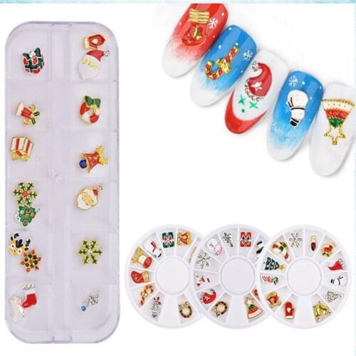 1 box Christmas Nail Art Decoration Turntable Xmas Decor 3D Alloy Manicure Accessories