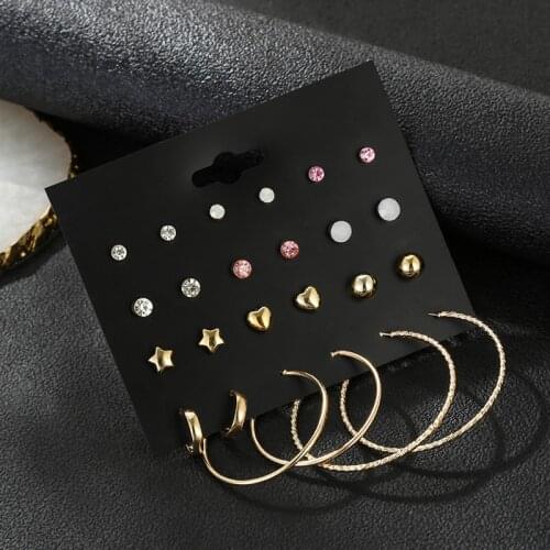 12 pairs/set fashion crystal rhinestone small stud earrings for women girl trendy star heart round circle party jewelry earrings