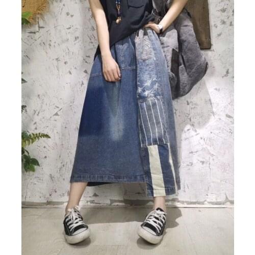2020 Vintage Artistic Printed Stitching Denim Skirt Elastic Waist Slim Mid-Length Womens Skirt All-match A- line skirt