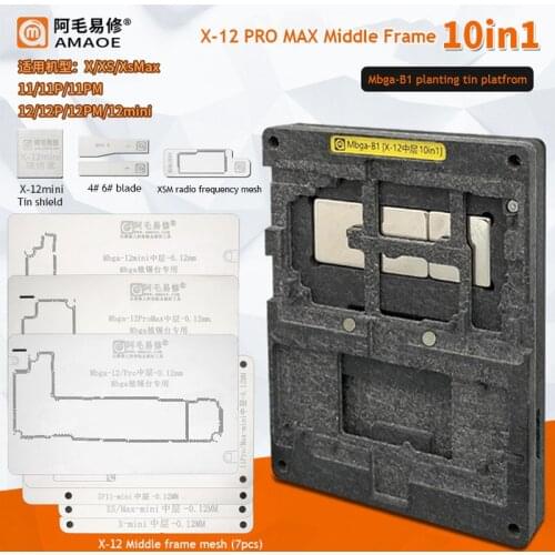 Amaoe 10 IN 1 BGA Reballing Stencil Platform For iPhone X-12 Pro max Motherboard Middle Frame Planting Tin Template Fixture