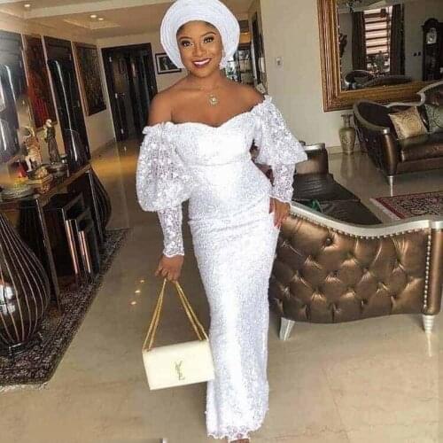 Aso Ebi Lace Off The Shoulder Prom Dresses Puffy Long Sleeves Mermaid Plus Size Evening Gowns Saudi Arabia Robe De Soiree