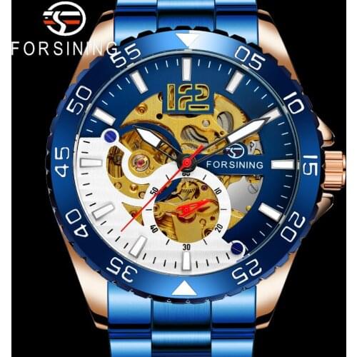 FORSINING Automatic Mechanical Wristwatch Military Male Clock Top Brand Luxury Blue Stainless Steel Skeleton Man Watch Gift 8225
