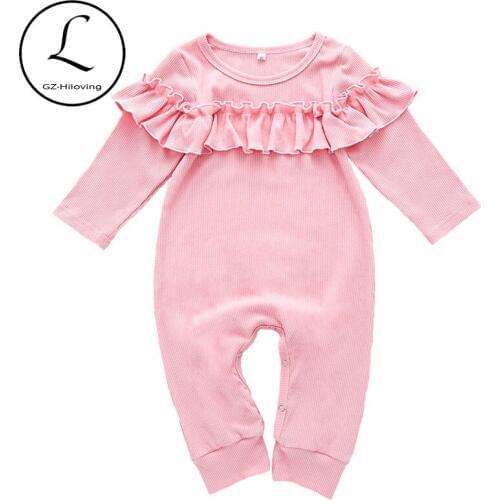 Newborn baby Girls Cotton Ribbed Bodysuit Outdoor Clothings Soft Infants Toddler Pink Princess Ruffle Jumpsuit Christmas outfits