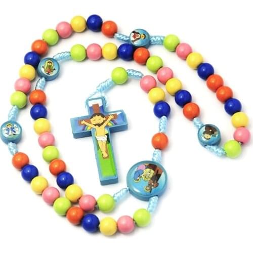 Cartoon Jesus Cross Pendant Necklace Rosary Beads Catholic Necklaces Children Kid Girls Fashion Religious Jewelry Retailsale