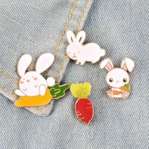 Cartoon Animal Rabbit White Rabbit Carrot Enamel Brooch Alloy Badge Denim Shirt Bag Pin Cute Sweet Jewelry Gift For Kid