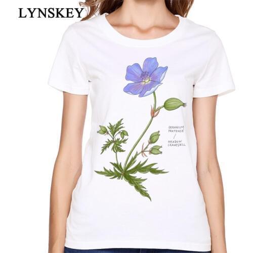 Latest Female Fashion T Shirt Womens Pure Cotton Soft Fabric Leisure Small Size XS Tops Purple Love Plant Cranesbill T-Shirts