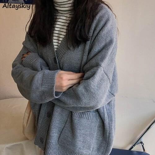 Cardigan Women Knitted Long Sleeve V-neck Pocket Korean Style Spring Students Preppy Pure Color Female Loose All Match Kpop Cozy