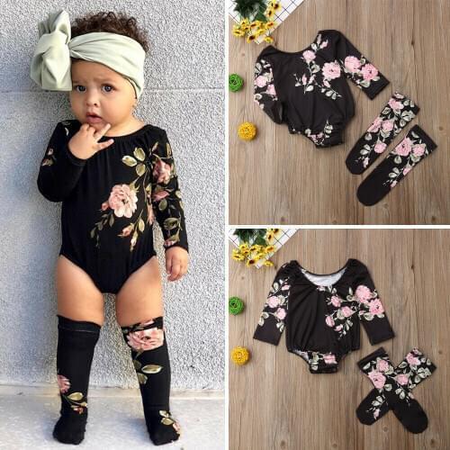 Newborn Infant Baby Girl Floral Romper Jumpsuit Playsuit Bodysuit Stockings Outfits Set