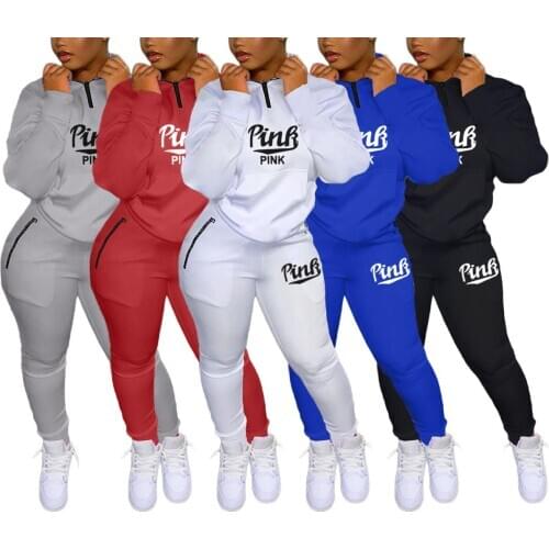 Autumn Spring Pink Letter Printed Casual Set Hoodies Sweatshirt+ Long Pants Woman Fashion Solid Two Pieces Sets Female Outfit