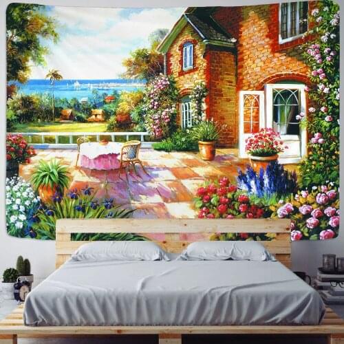 Beautiful Flowers Garden landscape Tapestry Oil Painting Scenery Decor Wall Tapestry Mandala Boho Wall Hanging Bedroom Tapestry