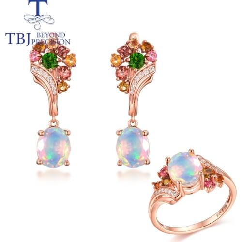 Colorful Tourmaline Opal Gemstone Jewelry set oval 8*10mm 925 sterling silver clasp earring Ring fine jewelry for women tbj