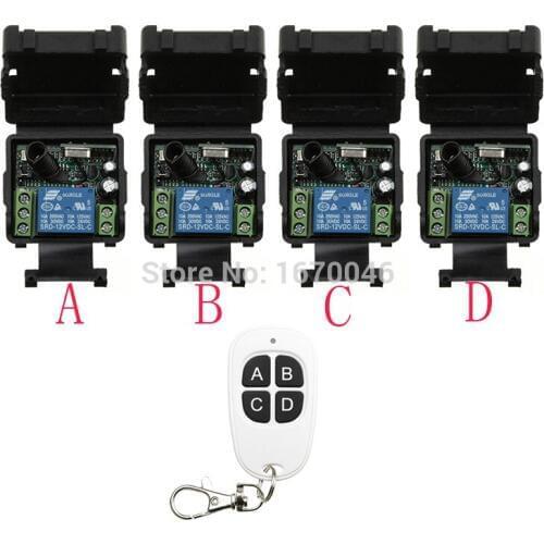 Hot Sales DC 12V 1CH 10A 4*Receiver & 1*Transmitter RF Wireless Remote Switch light /lamp/ window/Garage Doors