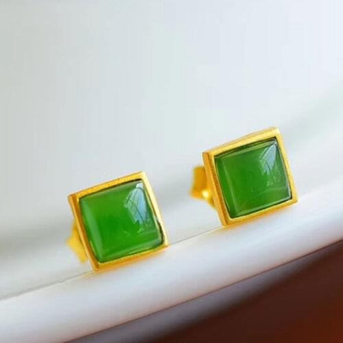 Small Ear Studs Womens Small and Simple Sterling Silver Exquisite Green Earrings Vintage Green Square Natural Jasper Gem