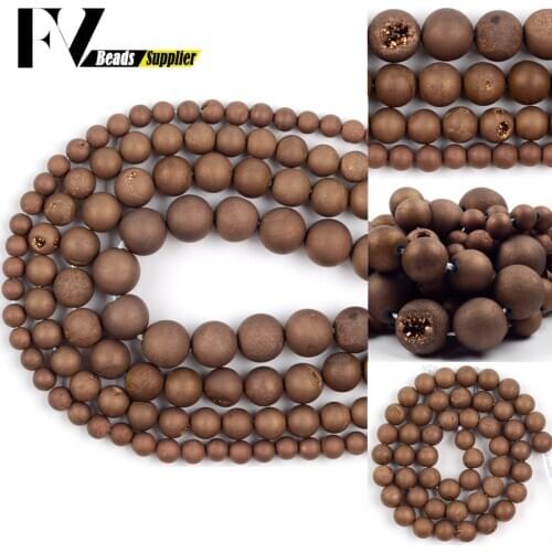 Natural Copper Metallic Coated Matte Druzy Agates Beads For Jewelry Making 6/8/10/12mm Round Loose Beads Diy Bracelet Accessorie