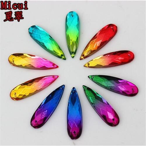 Micui 50pcs 8*28mm Double color Acrylic Rhinestone crystal Drop shape sew on rsilver base flatback Rhinestone with 2 holes ZZ119