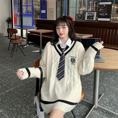 Cute Student Uniforms Autumn Winter Long Sleeve Sweater Women 2021 New Korean Version Style V-neck Loose Casual Knitted Sweater