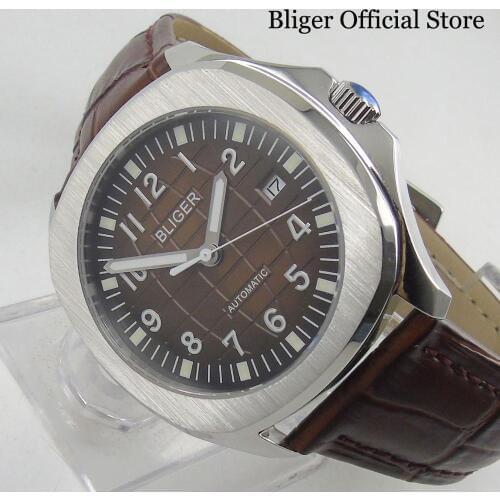 Dress Automatic Mens Watch Silver Color Case Date Window Wristwatch 39mm Earth Grid Luminous