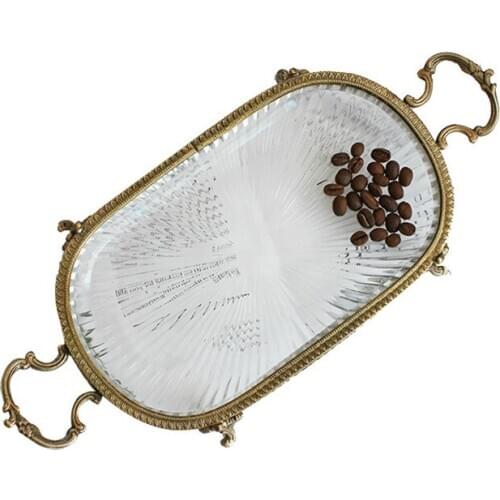 Handmade Brass with Glass Retro Binaural Palace Luxury Desktop Tray Dried Fruit Plate cake stand