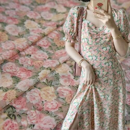 Half Meter Spring Summer Elegant Pink Rose Flower Chiffon Fabric For Dress Shirt Ladys Garment Material T1615