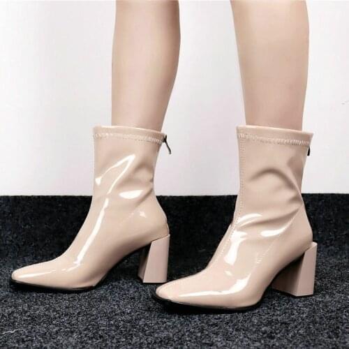 Women and Calf High Boots Black Red Patent Leather Western Boots Sexy Square Heel Ladies Winter Boots Zipper Design Short Boots