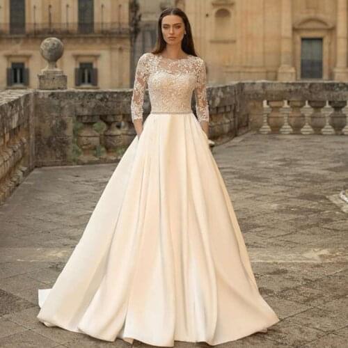 Rustic Beige Wedding Dresses 3/4 Sleeve Lace Bride Dress 2021 Vestido de Noiva Satin Belt Corset Back Plus Size Wedding Gowns