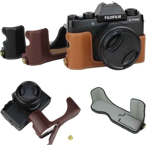 Battery Opening Genuine Leather Half Body Camera Case Bottom Cover For Fujifilm X-T100 Fuji XT100