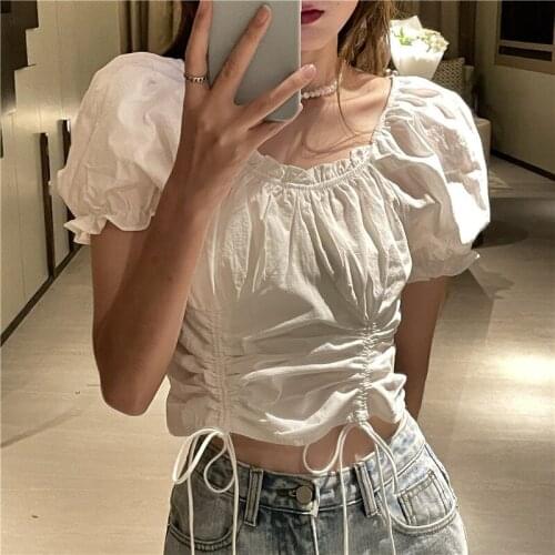 Design Sense White Top New Korean Retro Square Collar Two-wear Short Drawstring Short-sleeved Shirt Female Summer