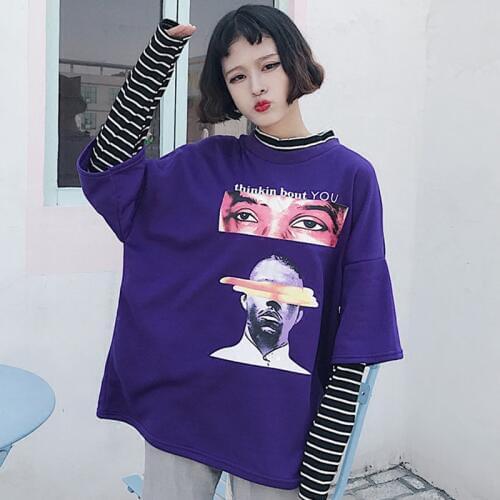 Sudadera Mujer 2020 Women Hoodie Korean Ulzzang Harajuku Loose Striped Patchwork Fake 2 Piece Sweatshirts Hoodies Womens Tops