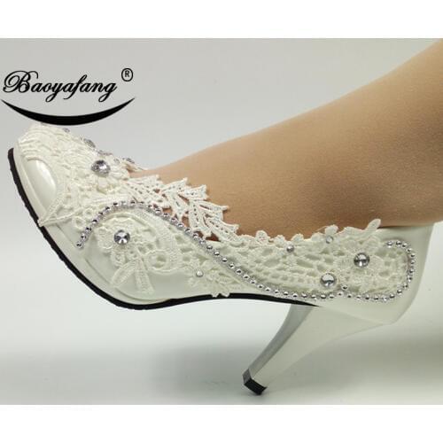 BaoYaFang 2019 New arrival Women wedding shoes Bride White lace party dress shoes lace pearl Bridesmaid round toe patent leather