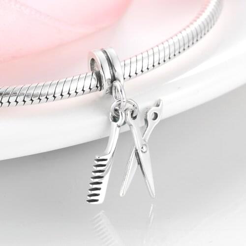 925 Sterling Silver Hairdressing Tools Scissors and Comb fine pendant bead Jewelry making fit Original Pandora Charm Bracelet