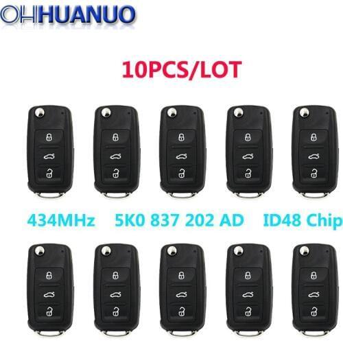 10PCS/LOT wholesale High quality New 3 Button Remote Flip Key For VW 434MHz 5K0 837 202 AD with id48 Chip Inside