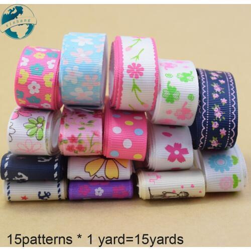 15patterns * 1yard mixed 15yards printed ribbons Polyester Grosgrain ribbon, lace satin ribbons DIY hairbow accessories#3701