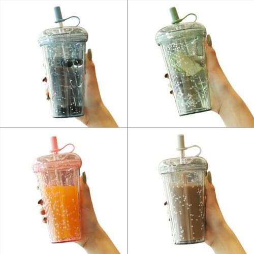 420ml Reusable Sparkling Glitter Cup with Lid Straw Transparent Sequins Water Bottle Cute Plastic Double Layers Drink Tea