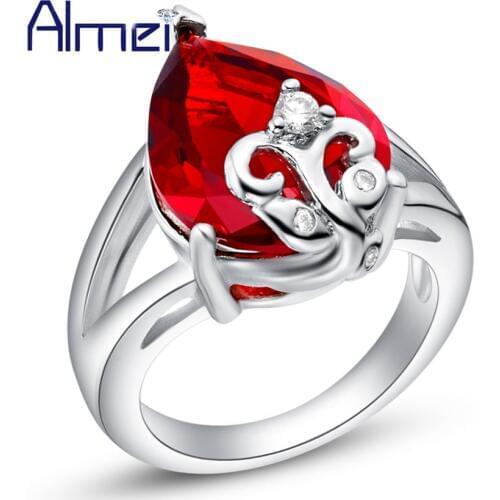 Almei Fashion Pear Ring Red Water Drop Zirconia Jewellery Silver Color Rings for Woman Bijouterie Jewelry Wedding My Orders J479