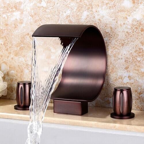 Antique brown solid brass Waterfall bathroom sink faucet art Double handle three holes High-quality basin mixer faucet-C