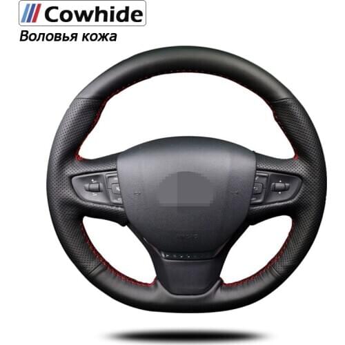 Handsewing Black Genuine Leather Steering Wheel Covers For Peugeot 408 2014 2015